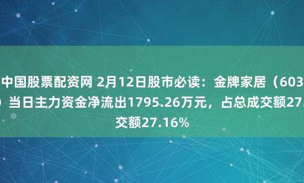 中国股票配资网 2月12日股市必读：金牌家居（603180）当日主力资金净流出1795.26万元，占总成交额27.16%